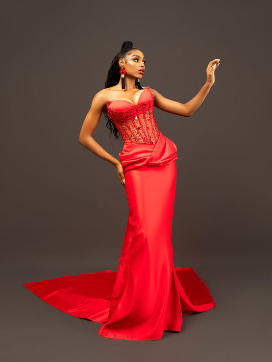Red Sweetheart Sleeveless Corset Tulle Ruched Prom Dress