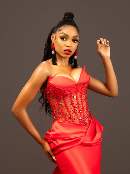 Red Sweetheart Sleeveless Corset Tulle Ruched Prom Dress