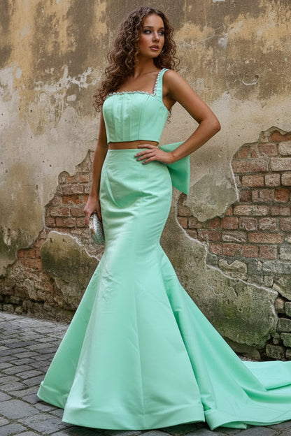 Square-Neck Straps Pearls Beaded Satin Two Piece Trumpet Mermaid Prom Dress