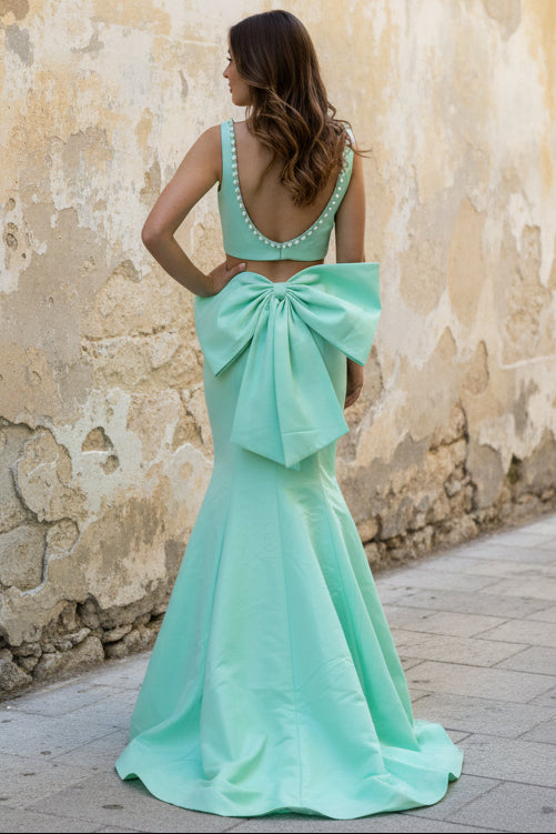 Square-Neck Straps Pearls Beaded Satin Two Piece Trumpet Mermaid Prom Dress