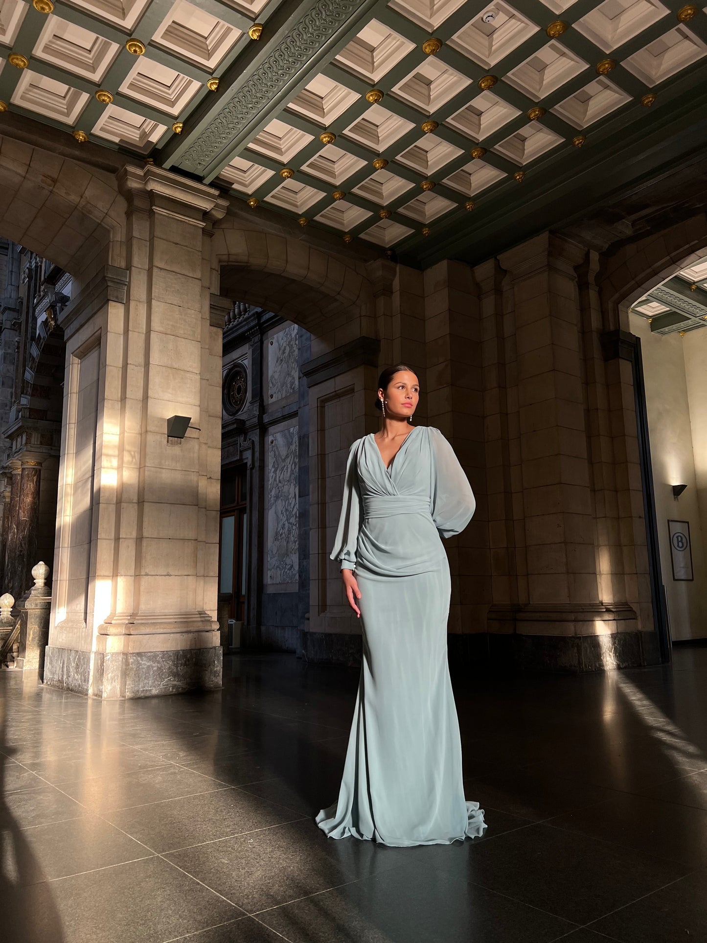 Mint V Neck Long Sleeves Ruched Mermaid Formal Dress