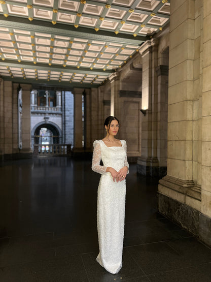 Ivory Suqare Neck Long Sleeves Beaded Floor Length Column Evening Dress