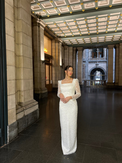 Ivory Suqare Neck Long Sleeves Beaded Floor Length Column Evening Dress