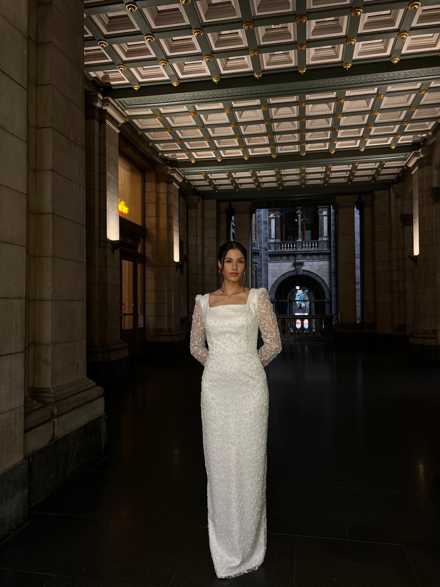 Ivory Suqare Neck Long Sleeves Beaded Floor Length Column Evening Dress