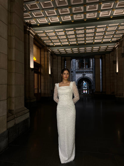 Ivory Suqare Neck Long Sleeves Beaded Floor Length Column Evening Dress