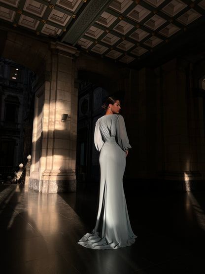 Mint V Neck Long Sleeves Ruched Mermaid Formal Dress