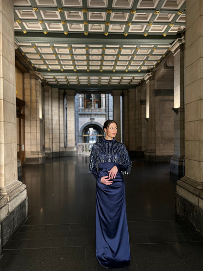 Navy Beaded Long Sleeves Ruched Sheath Back Zipper Evening Dress