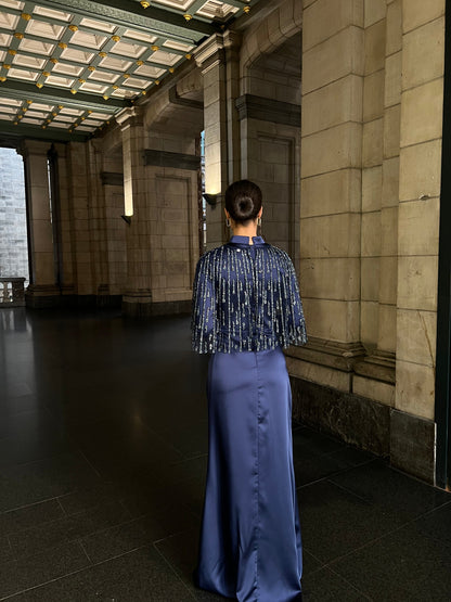 Navy Beaded Long Sleeves Ruched Sheath Back Zipper Evening Dress