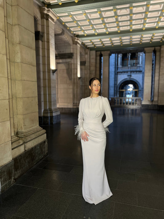 Ivory Bateau Neck Long Sleeves Feather Ruched Sheath Evening Dress