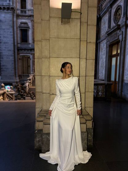 Ivory Bateau Neck Long Sleeves Beaded Ruched Sheath Formal Dress