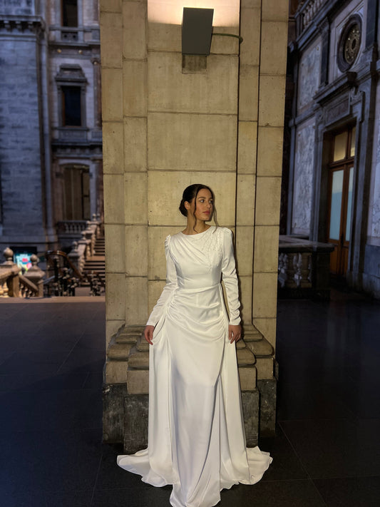 Ivory Bateau Neck Long Sleeves Beaded Ruched Sheath Formal Dress