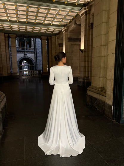 Ivory Bateau Neck Long Sleeves Beaded Ruched Sheath Formal Dress