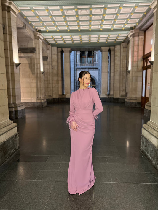 Dusty Rose Sheath Ruched Long Sleeves Back Zipper Formal Dress