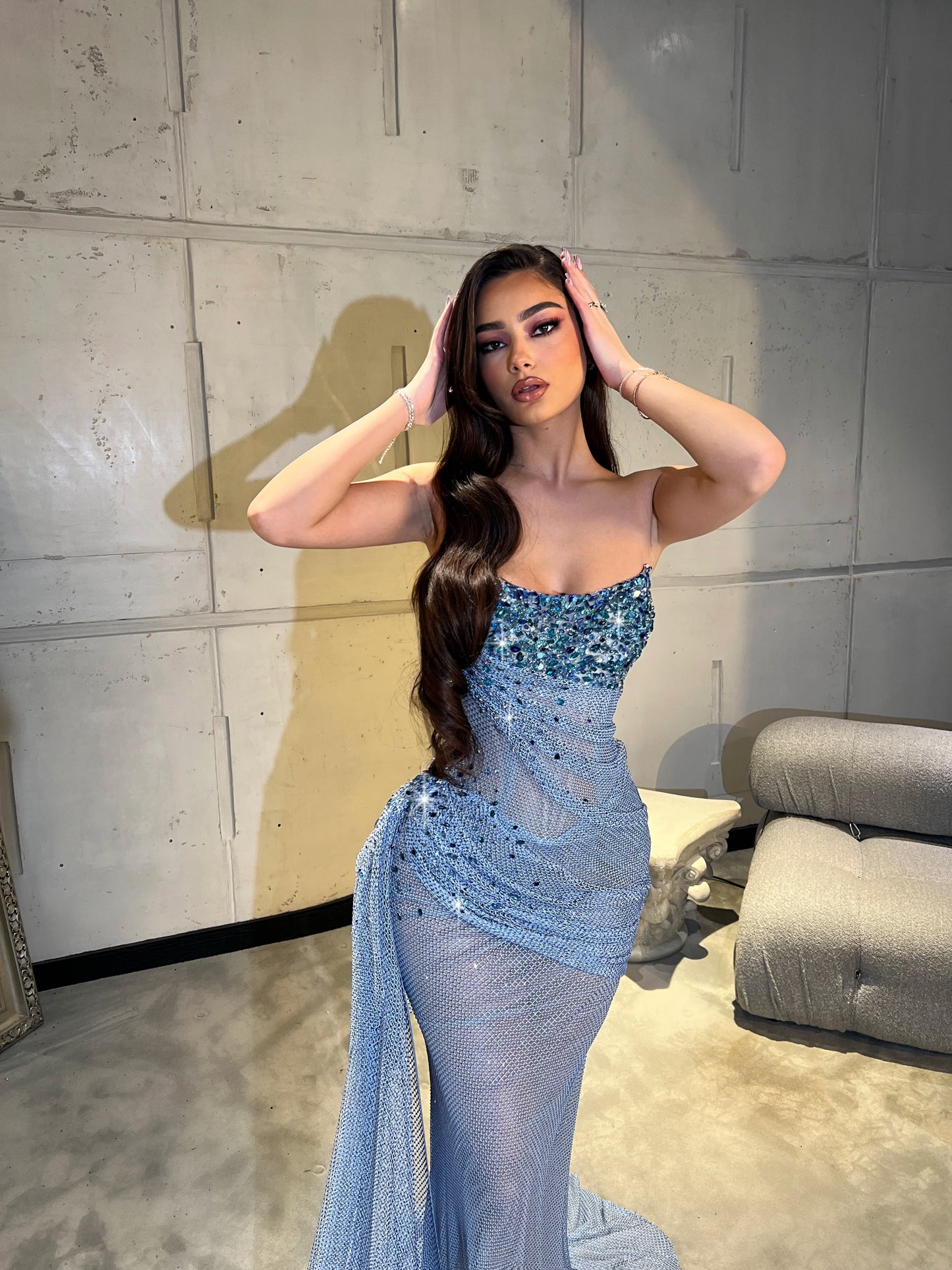 Sky Blue Sleeveless Strapless Ruched Prom Dress