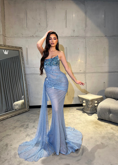 Sky Blue Sleeveless Strapless Ruched Prom Dress