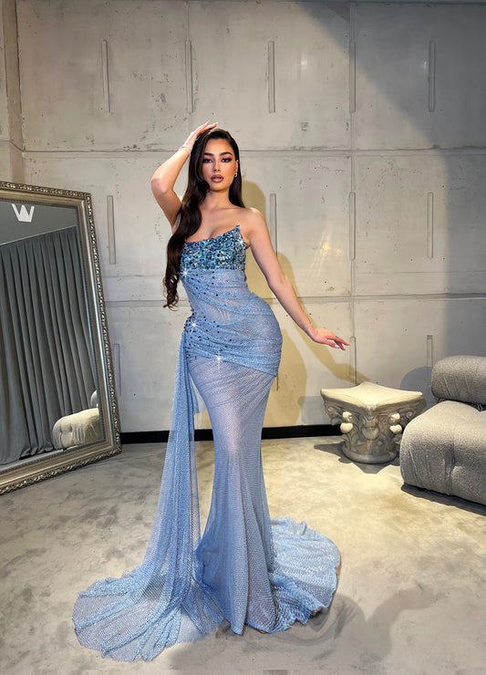 Sky Blue Sleeveless Strapless Ruched Prom Dress