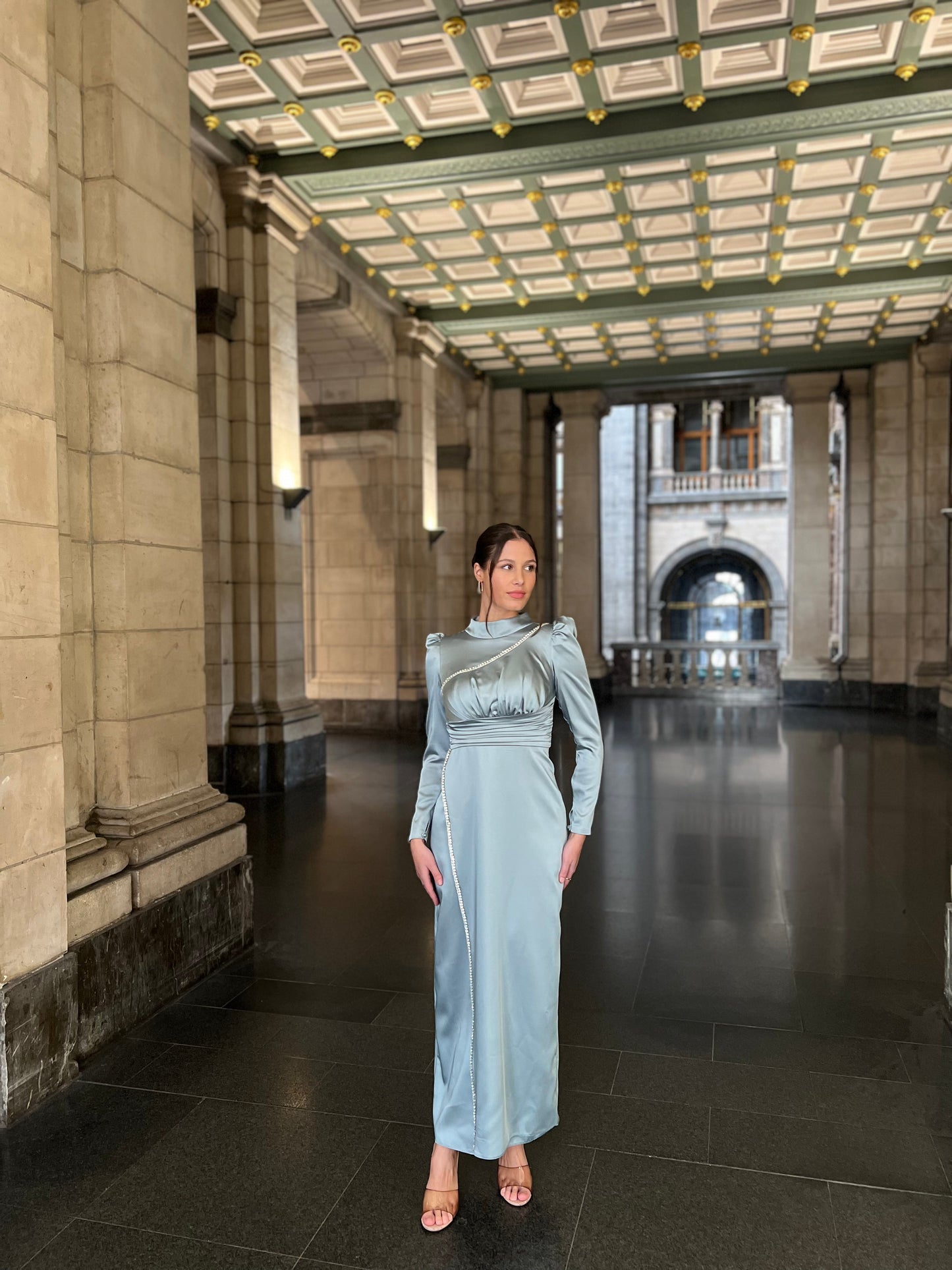 Blue High Neck Long Sleeves Ankle Length Evening Dress