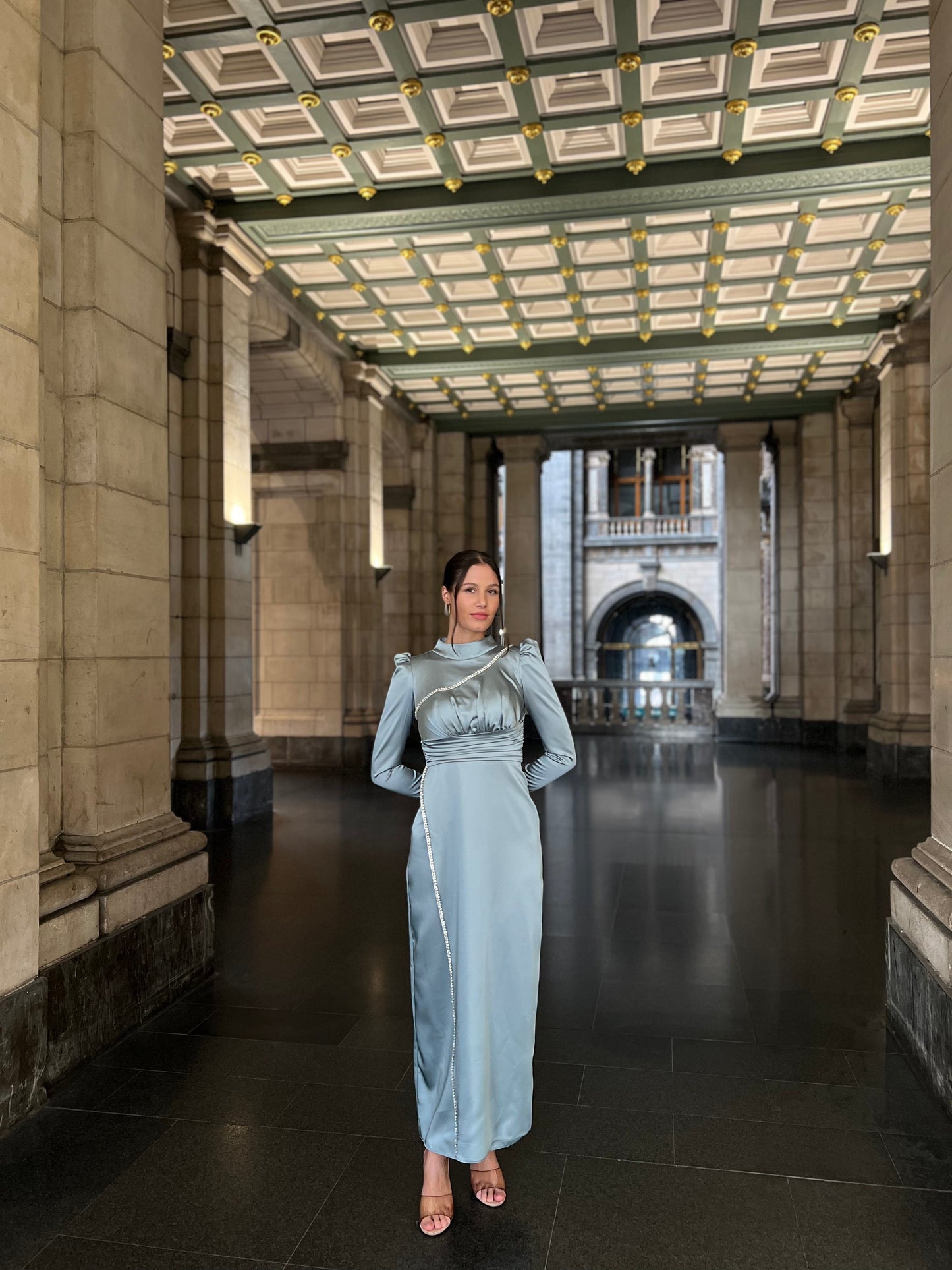 Blue High Neck Long Sleeves Ankle Length Evening Dress