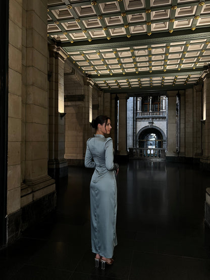 Blue High Neck Long Sleeves Ankle Length Evening Dress