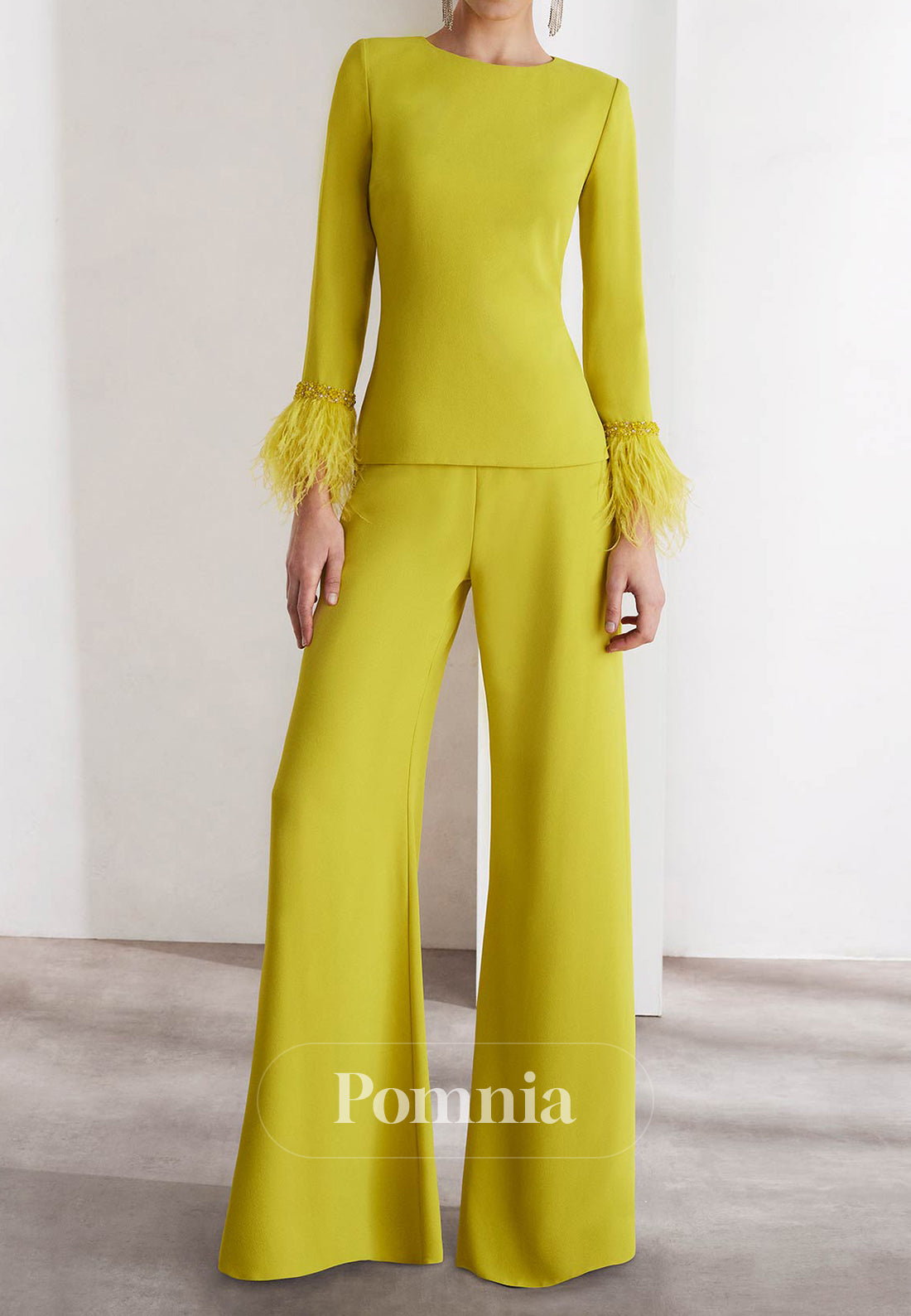 Jumpsuit Long Sleeves Scoop Feathers Mother of the Bride Dress