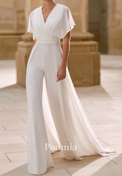 Jumpsuit Short Sleeves V-Neck Satin Wedding Dress