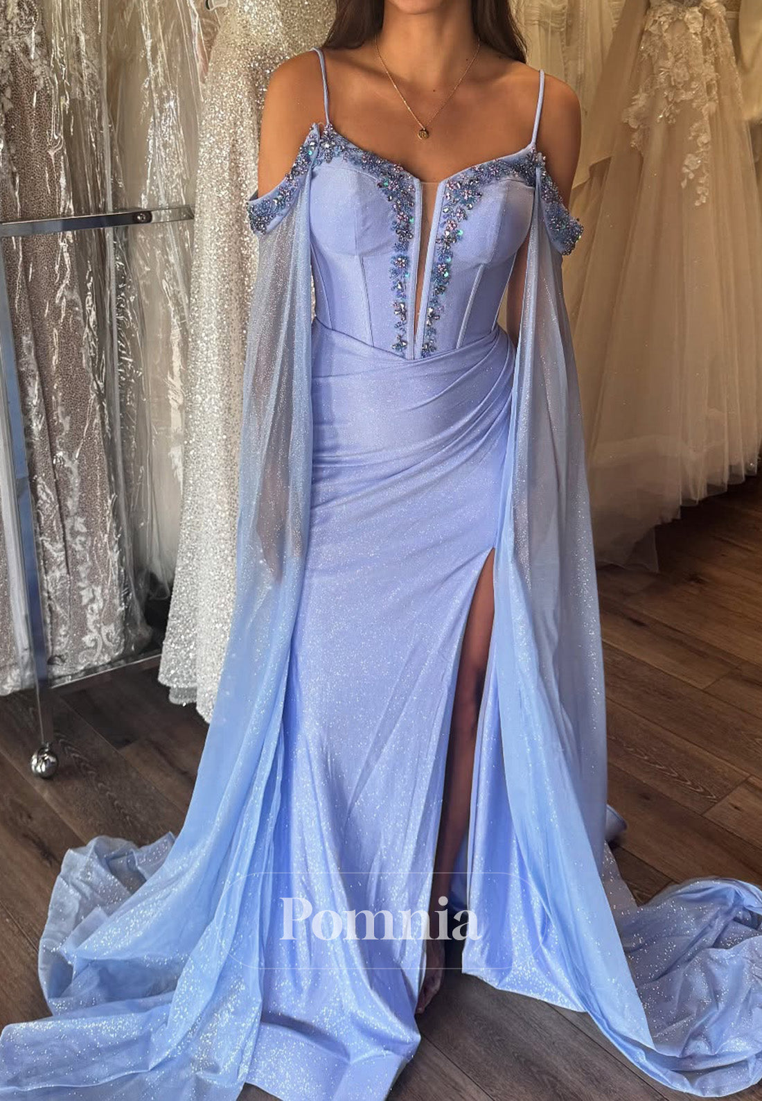 Lavender Spaghetti Straps Sweetheart Slit Sequins Prom Dress
