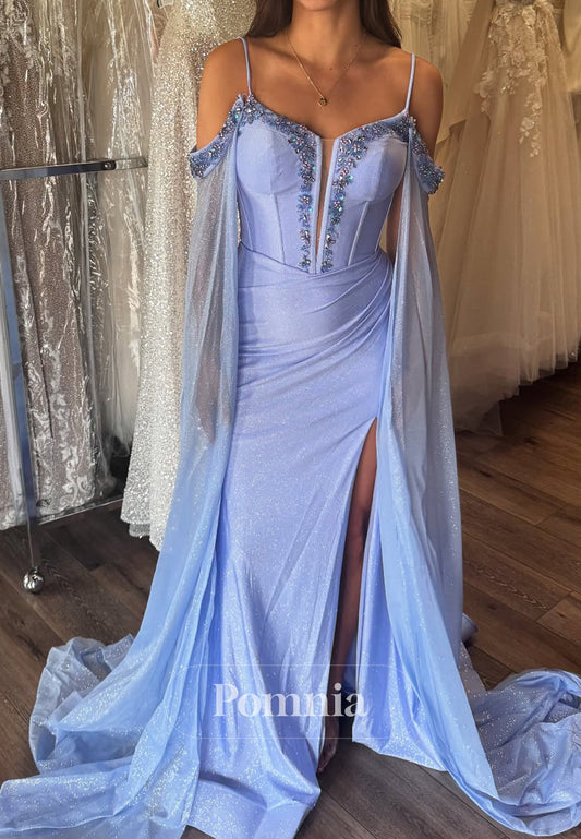 Lavender Spaghetti Straps Sweetheart Slit Sequins Prom Dress
