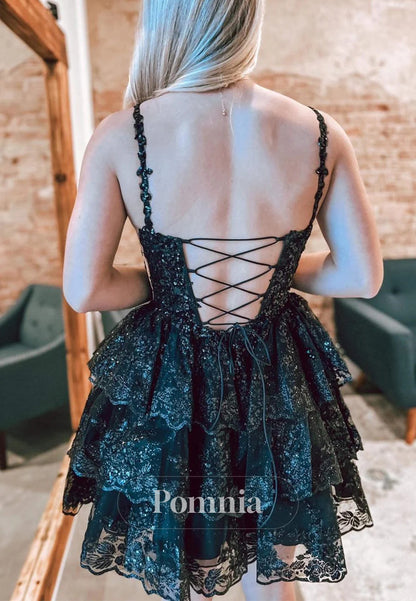 Charming A-Line Tulle Sequin Lace-Up Tiered Short Homecoming Dress