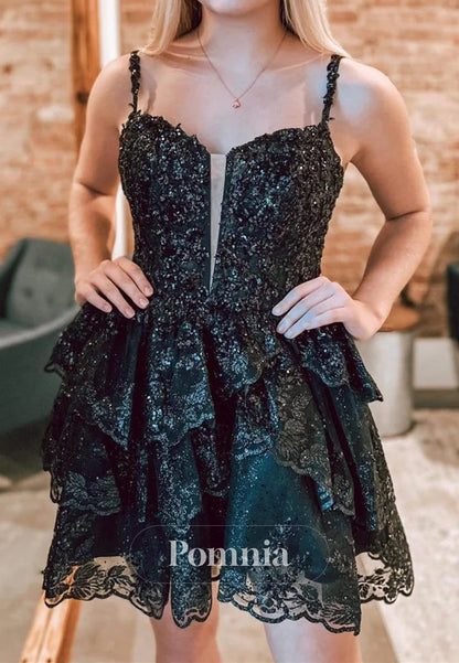 Charming A-Line Tulle Sequin Lace-Up Tiered Short Homecoming Dress