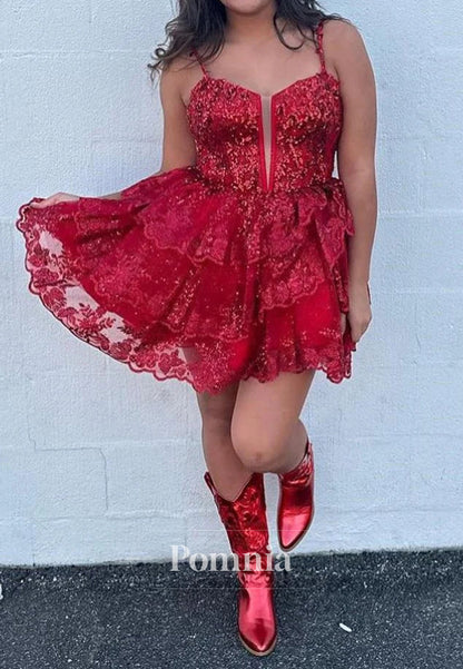 Charming A-Line Tulle Sequin Lace-Up Tiered Short Homecoming Dress