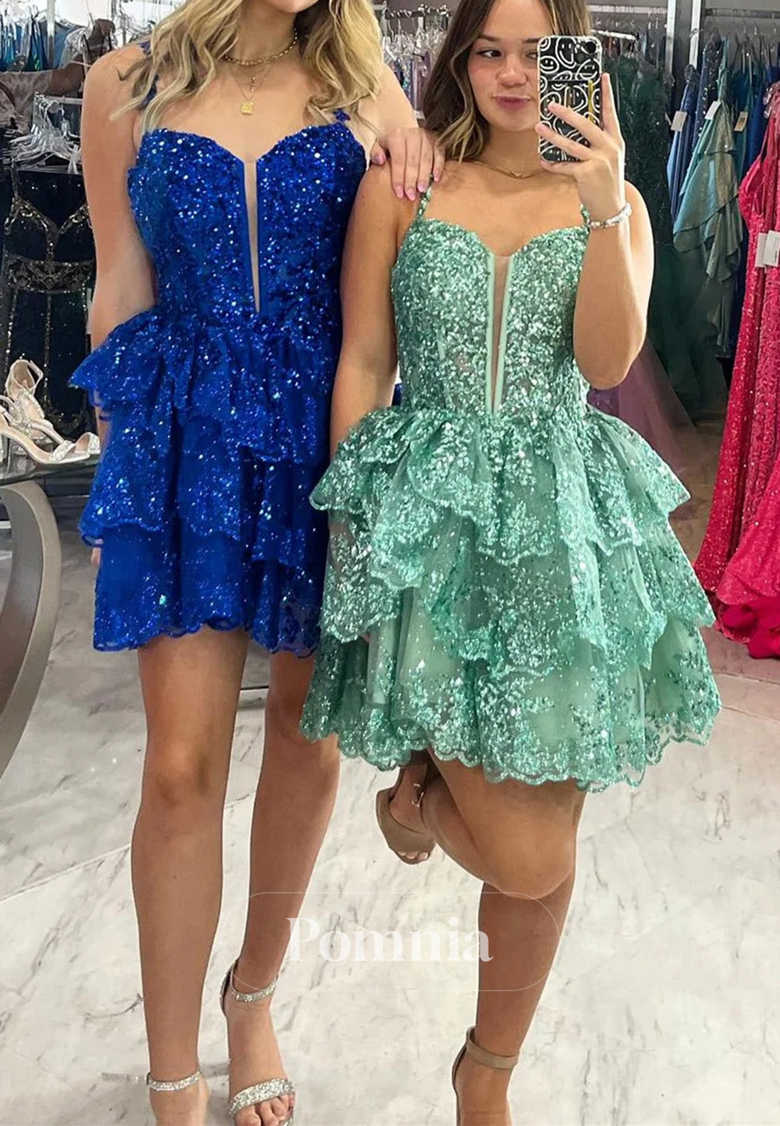 Charming A-Line Tulle Sequin Lace-Up Tiered Short Homecoming Dress