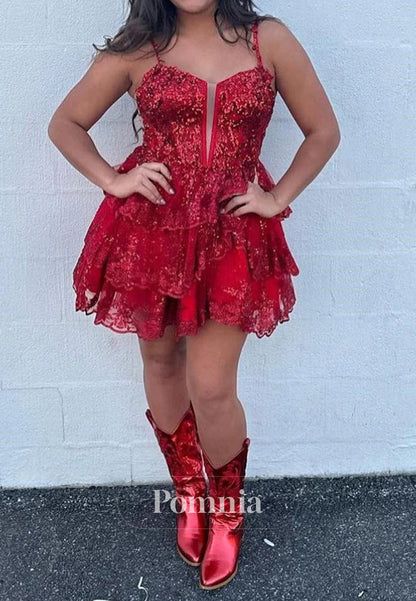 Charming A-Line Tulle Sequin Lace-Up Tiered Short Homecoming Dress