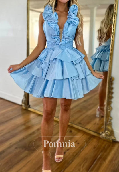 Light Blue A-Line Halter Neck Short Tiered Homecoming Dress