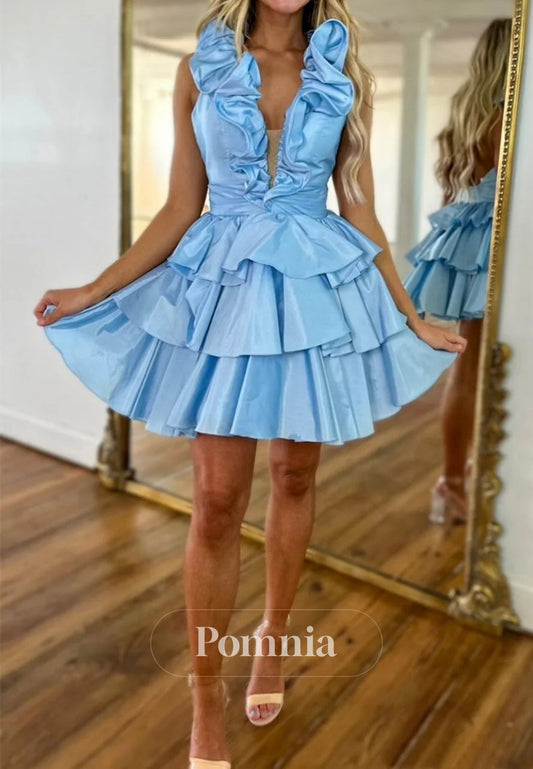 Light Blue A-Line Halter Neck Short Tiered Homecoming Dress