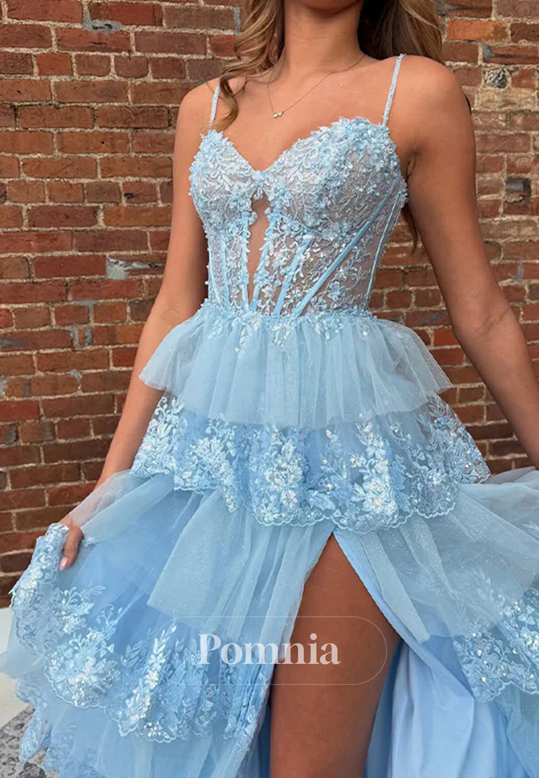 Light Blue A-Line Spaghetti Straps Long Tulle Prom Dress with Appliques