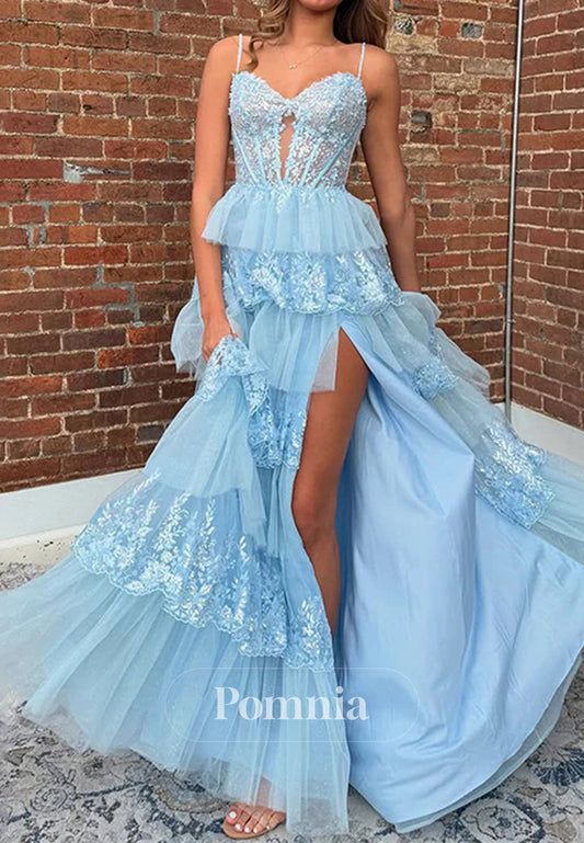 Light Blue A-Line Spaghetti Straps Long Tulle Prom Dress with Appliques