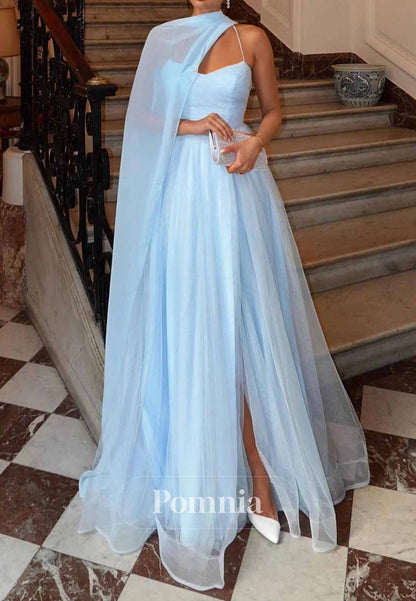 Light Blue Cape Slit Spaghetti Straps Tulle Long Prom Dress