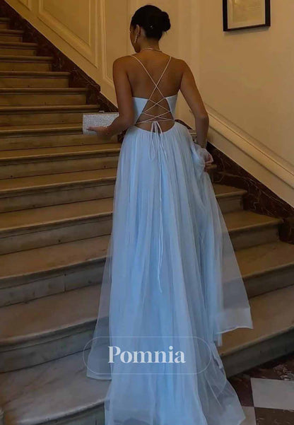 Light Blue Cape Slit Spaghetti Straps Tulle Long Prom Dress