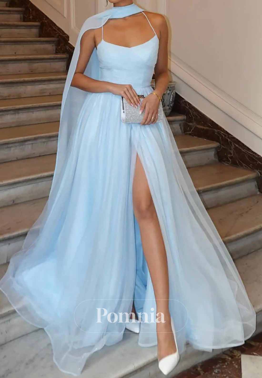 Light Blue Cape Slit Spaghetti Straps Tulle Long Prom Dress