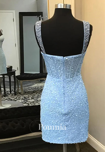 Light Blue Straps Sequin Bodycon Short Homecoming Dress