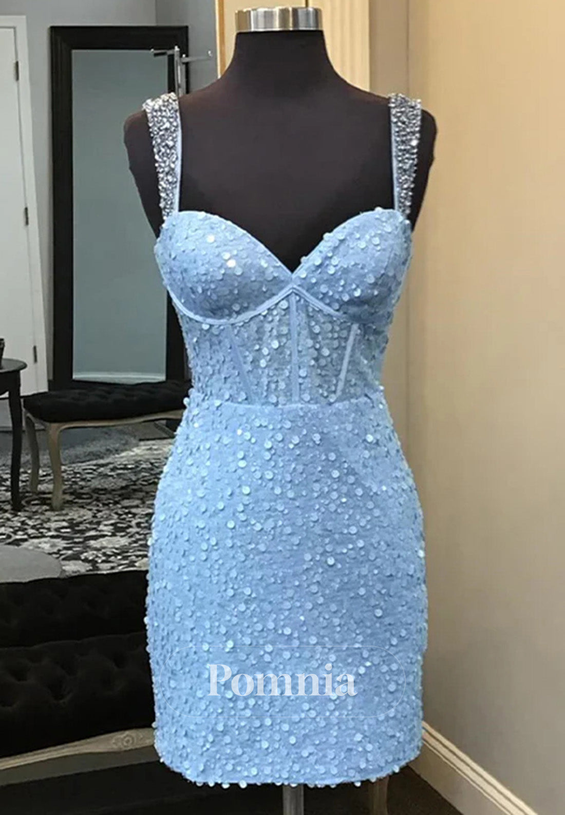 Light Blue Straps Sequin Bodycon Short Homecoming Dress