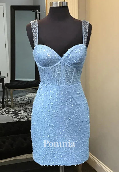 Light Blue Straps Sequin Bodycon Short Homecoming Dress