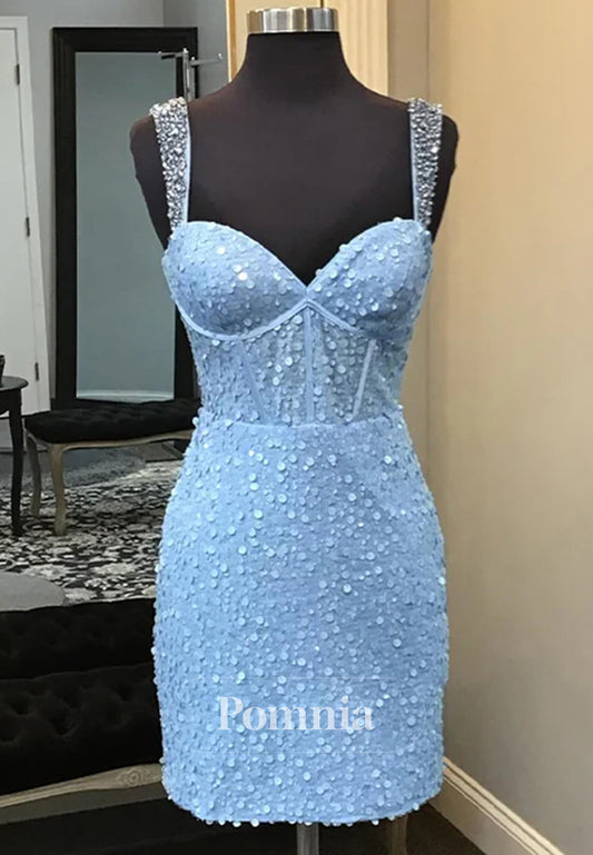 Light Blue Straps Sequin Bodycon Short Homecoming Dress