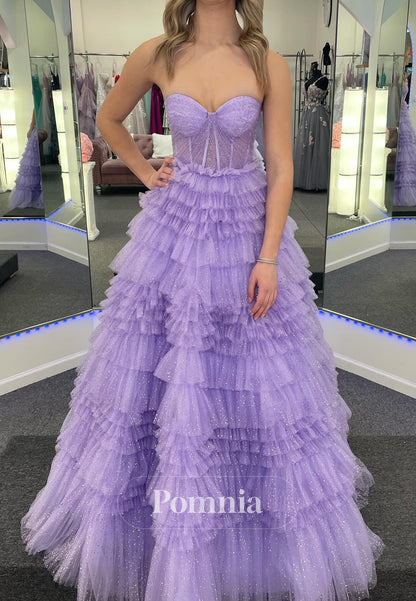 Lilac A-Line Sleeveless Strapless Ruffles Lace Prom Dress