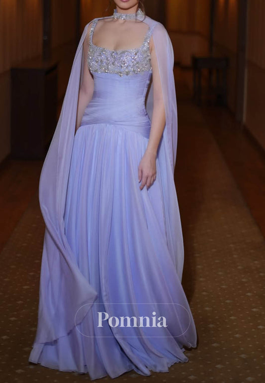 A-Line Sweetheart Cape Sequins Lilac Prom Dress