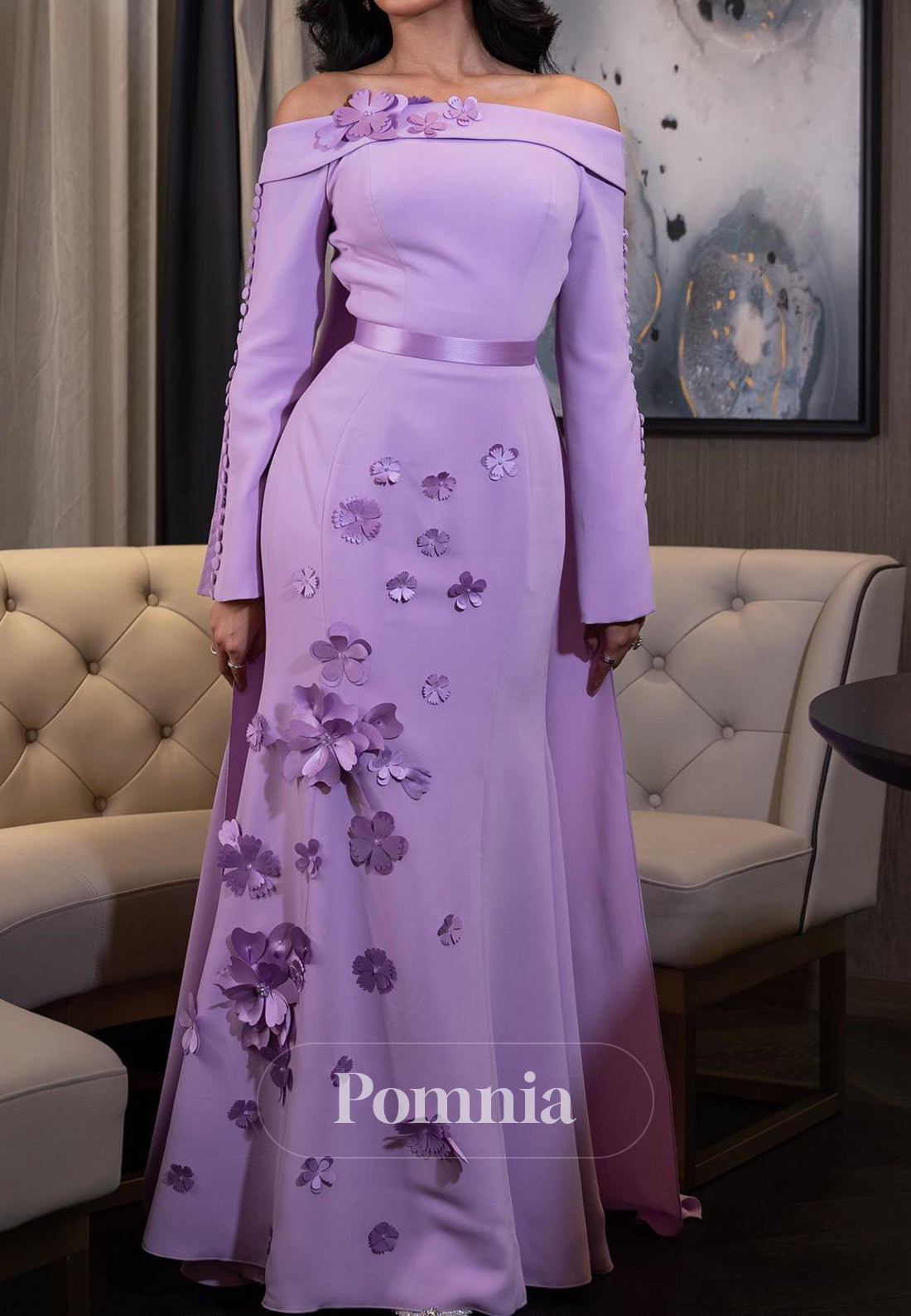 Lilac Long Sleeves Off-Shoulder Floral Appliques Evening Dress