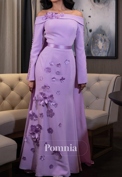 Lilac Long Sleeves Off-Shoulder Floral Appliques Evening Dress