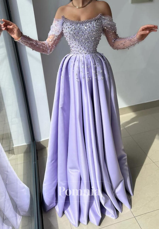 Lilac Long Sleeves Sweetheart Pearls Prom Dress