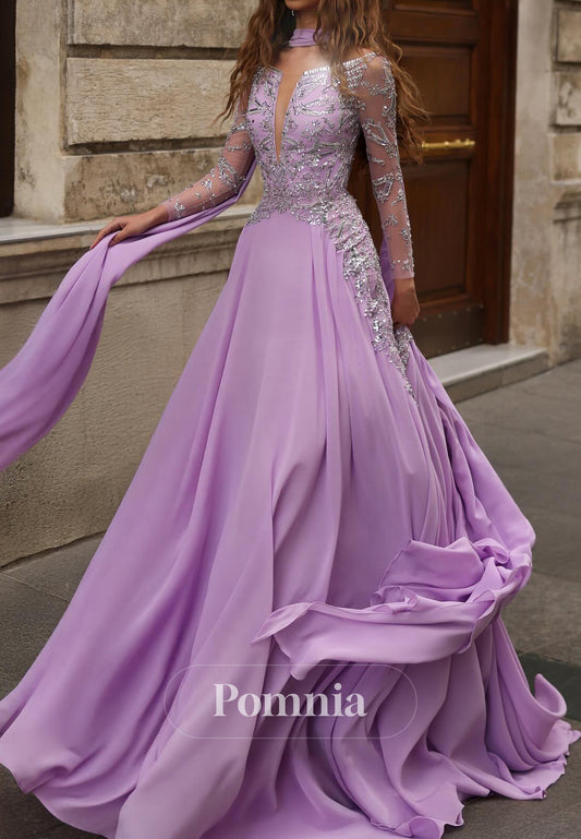 Lilac Long Sleeves V-Neck Appliques Backless Evening Dress