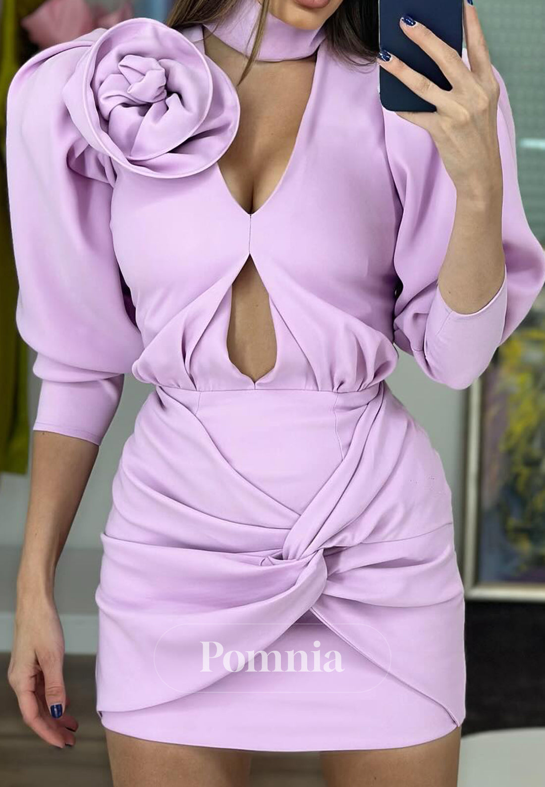 Lilac Long Sleeves V-Neck Floral Appliques Homecoming Dress